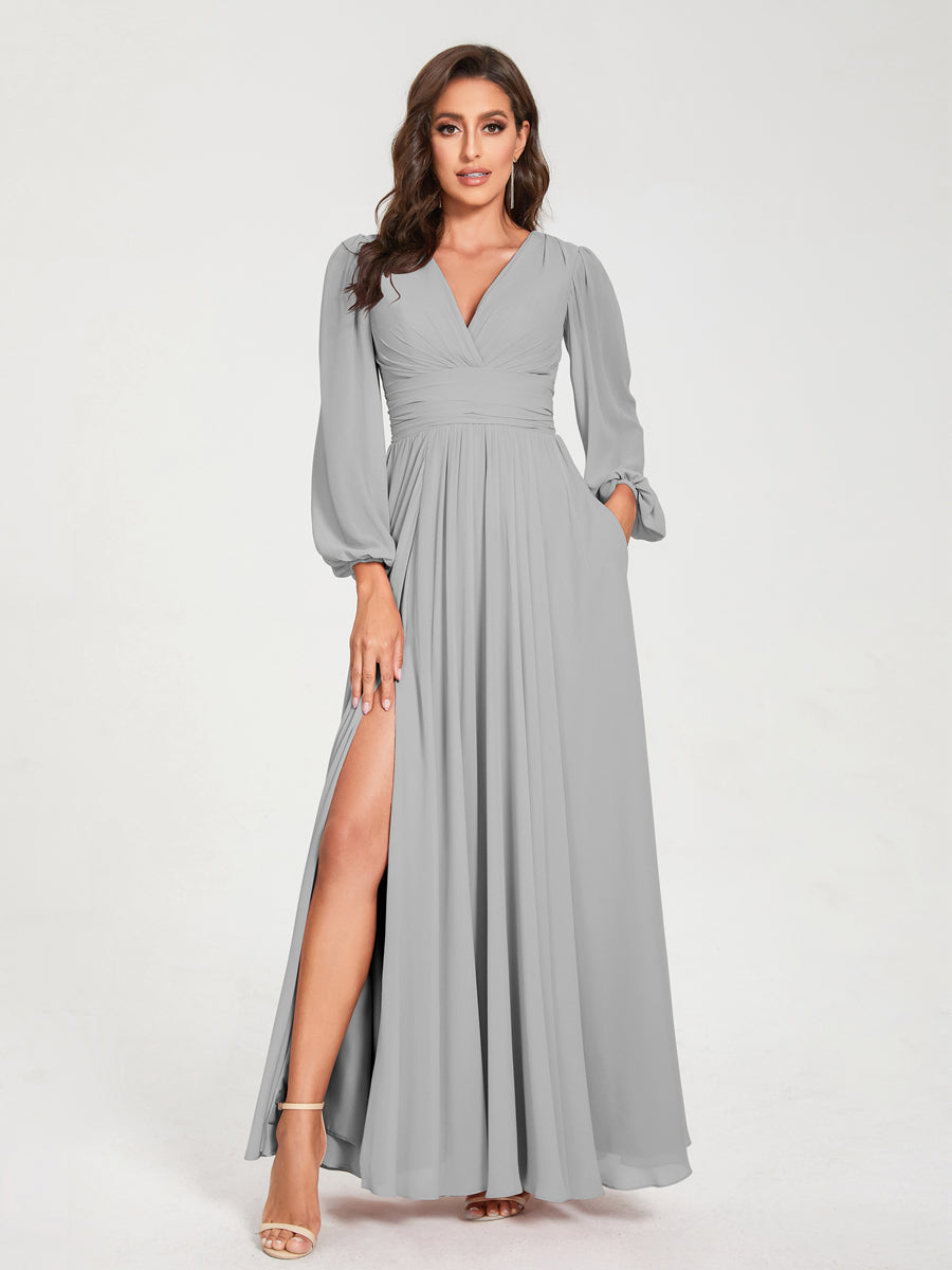 V-Neck A-Line Princess Floor-Length Bridesmaid Dress with Long Sleeves, Side Split & Pockets