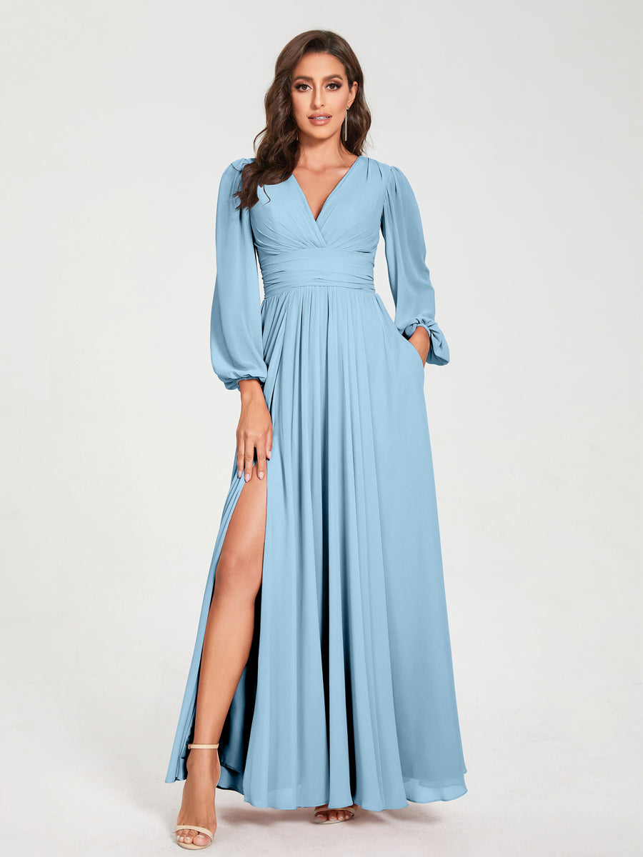 V-Neck A-Line Princess Floor-Length Bridesmaid Dress with Long Sleeves, Side Split & Pockets