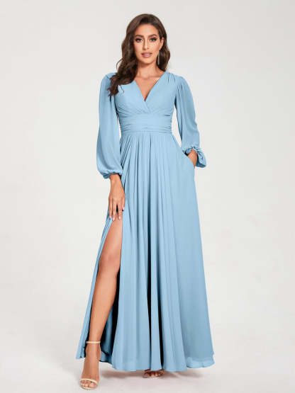 V-Neck A-Line Princess Floor-Length Bridesmaid Dress with Long Sleeves, Side Split & Pockets