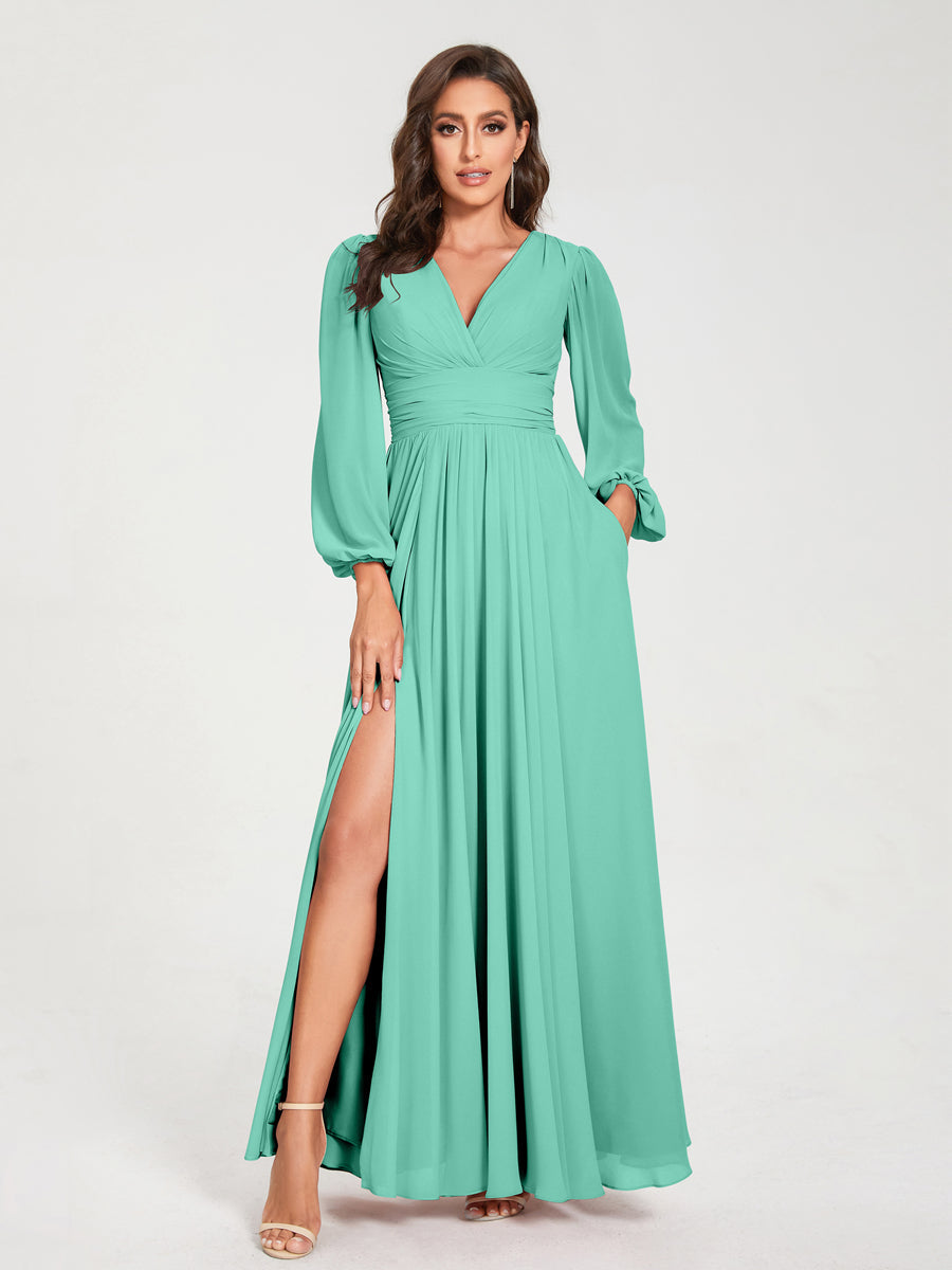 V-Neck A-Line Princess Floor-Length Bridesmaid Dress with Long Sleeves, Side Split & Pockets