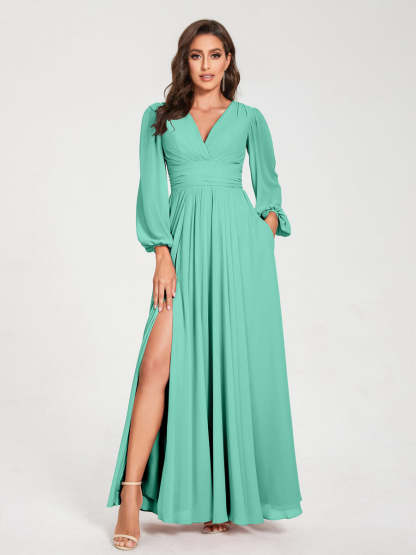 V-Neck A-Line Princess Floor-Length Bridesmaid Dress with Long Sleeves, Side Split & Pockets