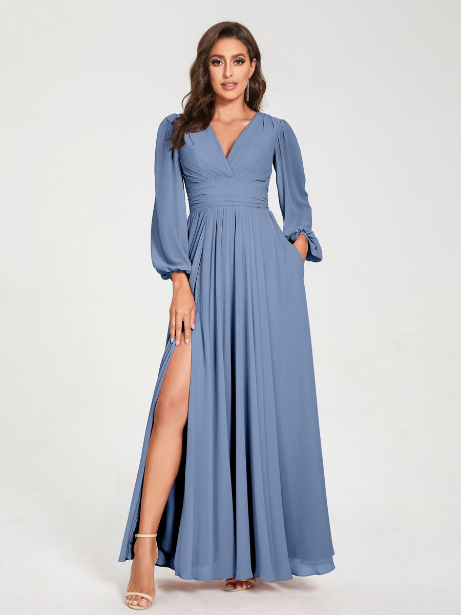 V-Neck A-Line Princess Floor-Length Bridesmaid Dress with Long Sleeves, Side Split & Pockets
