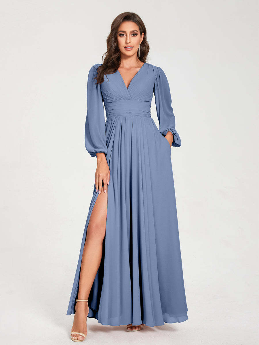 V-Neck A-Line Princess Floor-Length Bridesmaid Dress with Long Sleeves, Side Split & Pockets