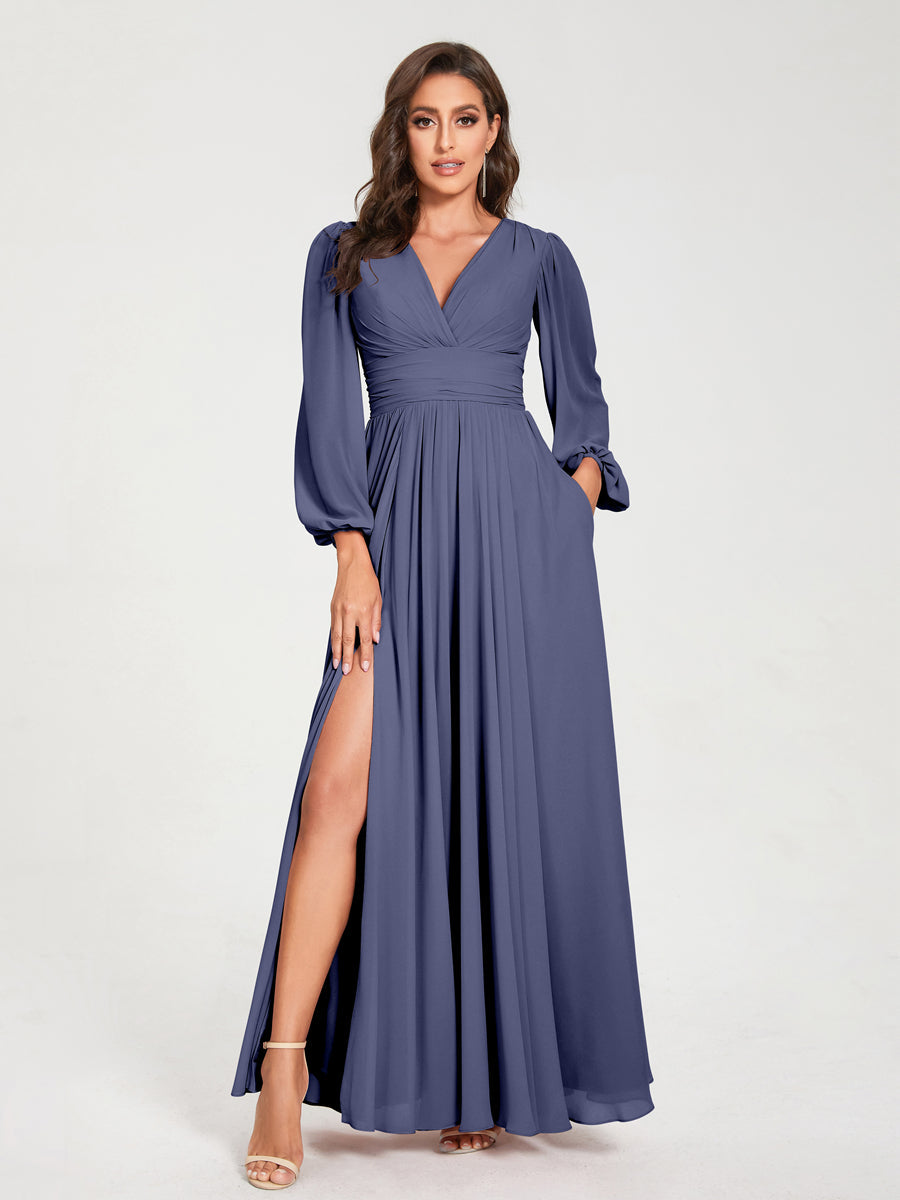 V-Neck A-Line Princess Floor-Length Bridesmaid Dress with Long Sleeves, Side Split & Pockets