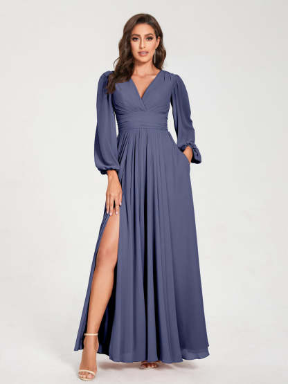 V-Neck A-Line Princess Floor-Length Bridesmaid Dress with Long Sleeves, Side Split & Pockets