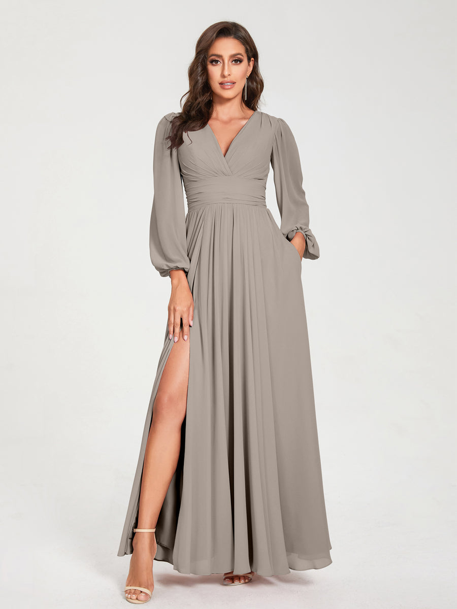 V-Neck A-Line Princess Floor-Length Bridesmaid Dress with Long Sleeves, Side Split & Pockets
