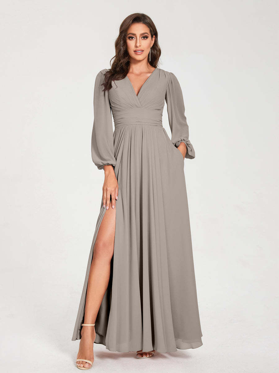 V-Neck A-Line Princess Floor-Length Bridesmaid Dress with Long Sleeves, Side Split & Pockets