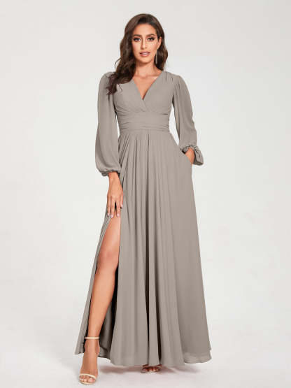 V-Neck A-Line Princess Floor-Length Bridesmaid Dress with Long Sleeves, Side Split & Pockets