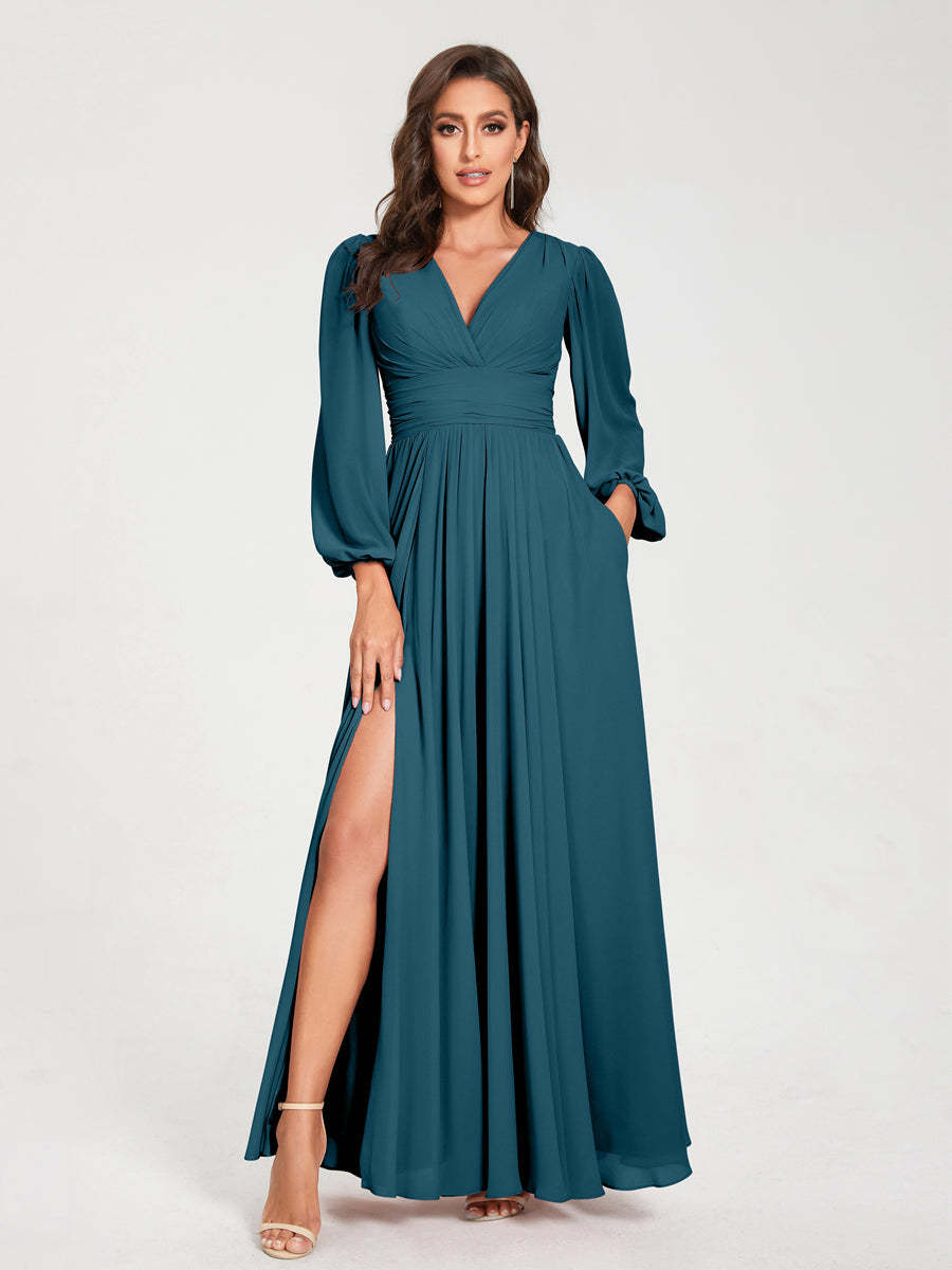 V-Neck A-Line Princess Floor-Length Bridesmaid Dress with Long Sleeves, Side Split & Pockets
