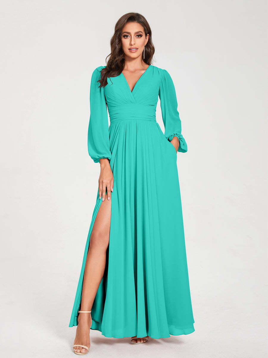 V-Neck A-Line Princess Floor-Length Bridesmaid Dress with Long Sleeves, Side Split & Pockets