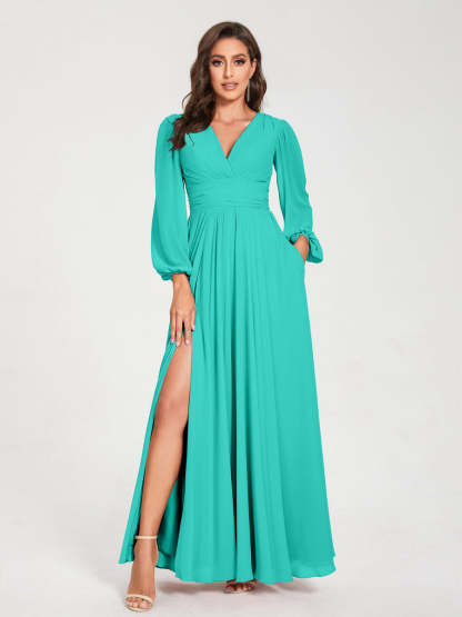 V-Neck A-Line Princess Floor-Length Bridesmaid Dress with Long Sleeves, Side Split & Pockets