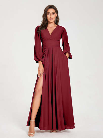 V-Neck A-Line Princess Floor-Length Bridesmaid Dress with Long Sleeves, Side Split & Pockets