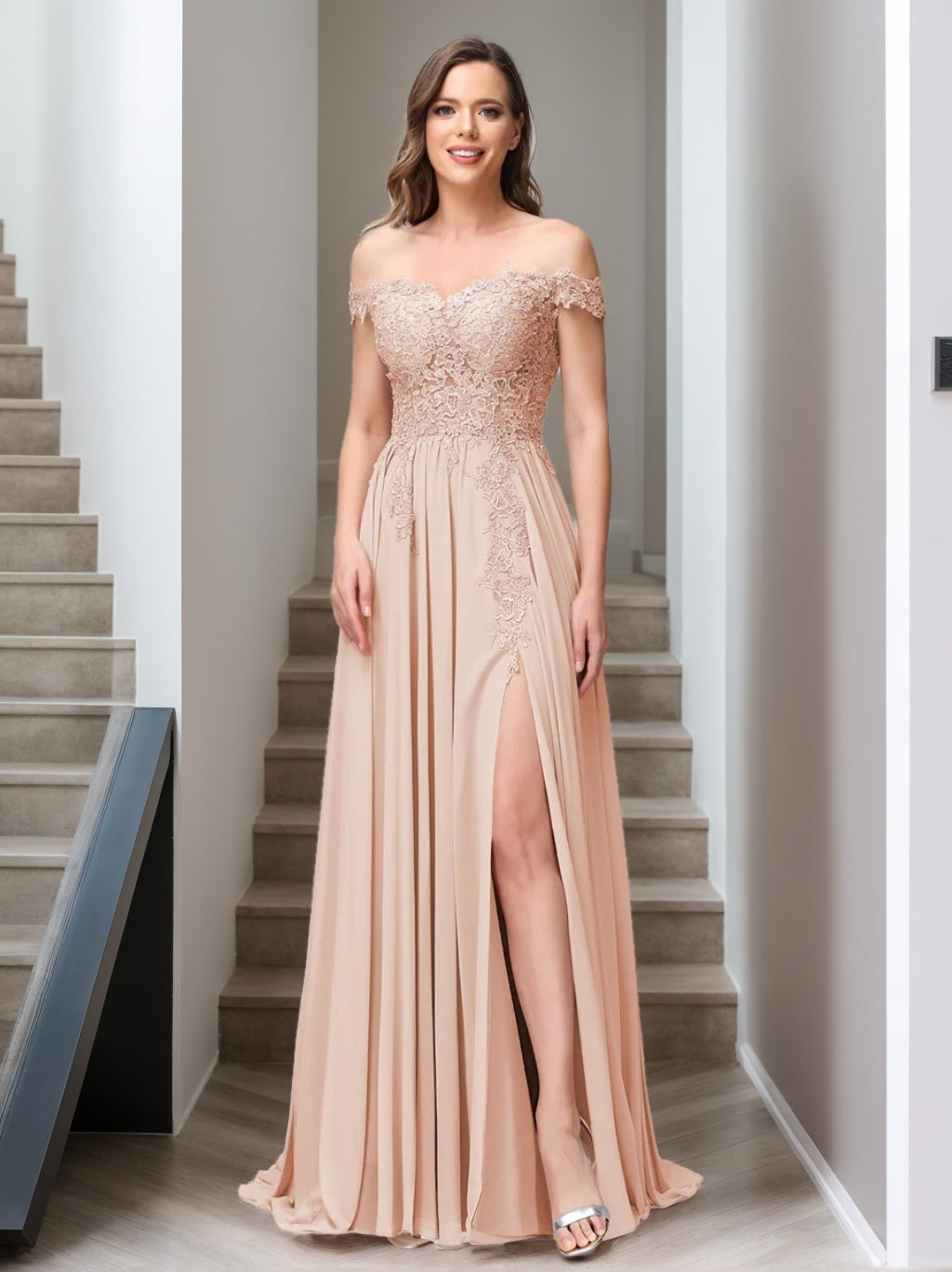 Princess A-Line Off-the-Shoulder Long Bridesmaid Dresses with Side Slit and Appliqued Sleeveless Design-BMbridal.UK