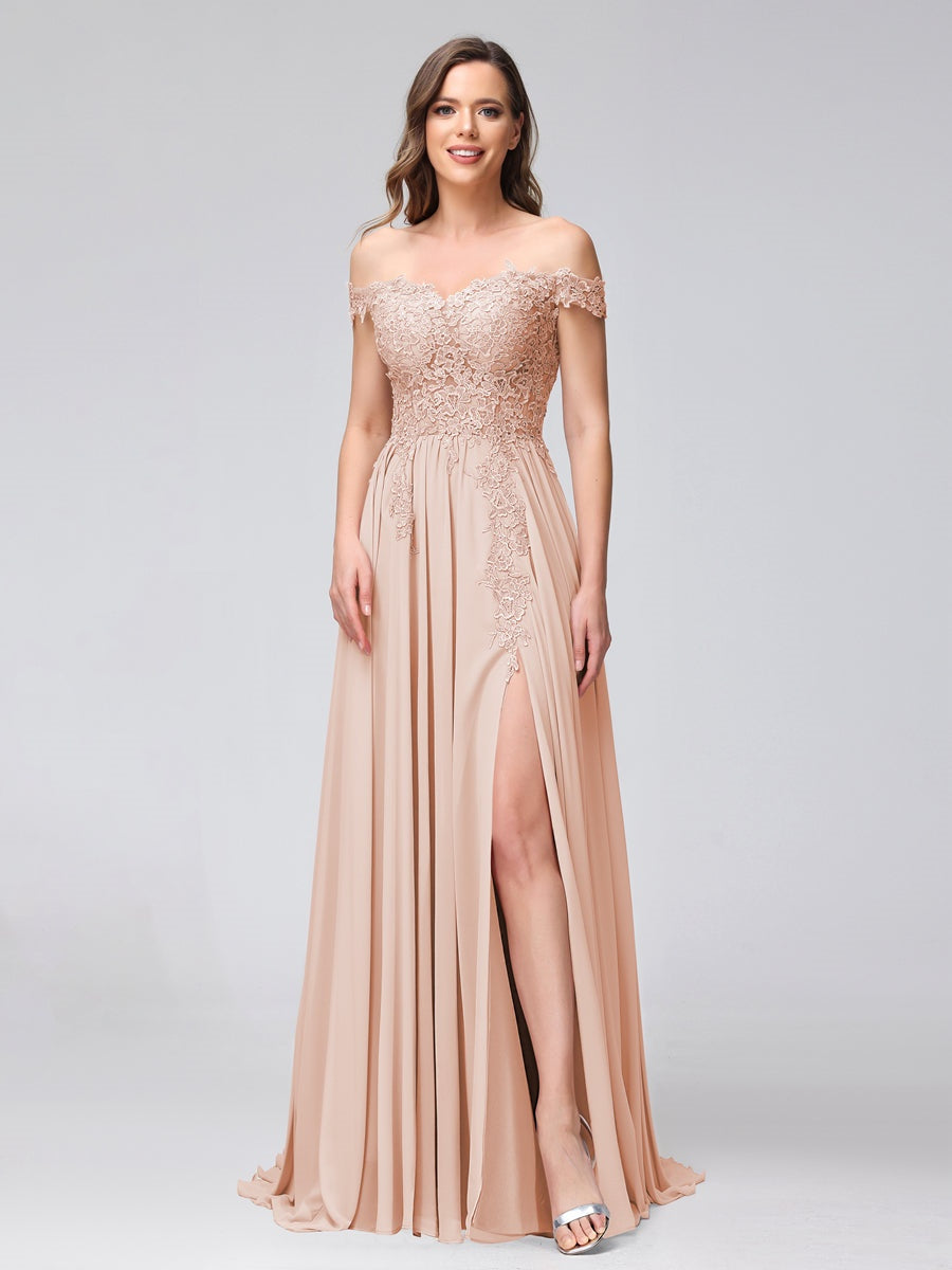Princess A-Line Off-the-Shoulder Long Bridesmaid Dresses with Side Slit and Appliqued Sleeveless Design-BMbridal.UK