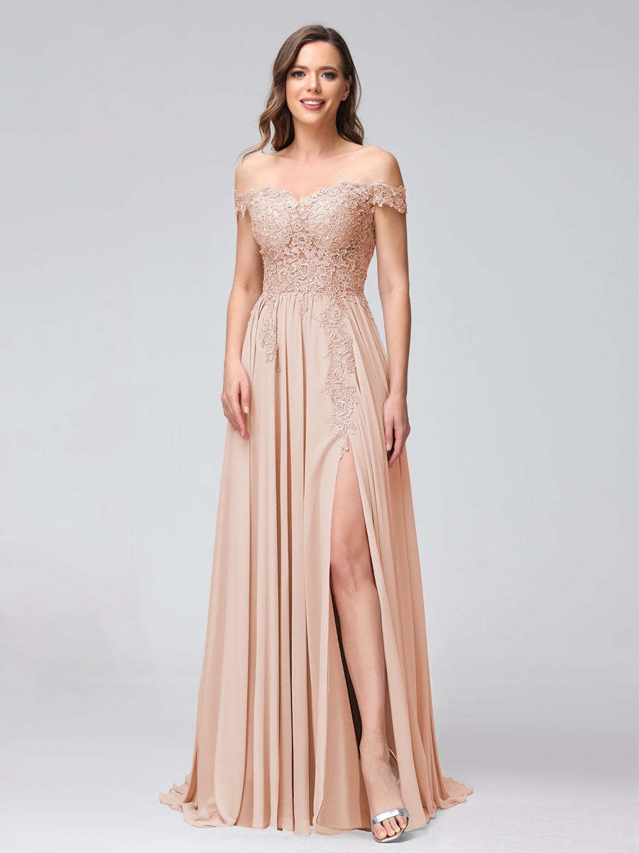Princess A-Line Off-the-Shoulder Long Bridesmaid Dresses with Side Slit and Appliqued Sleeveless Design-BMbridal.UK