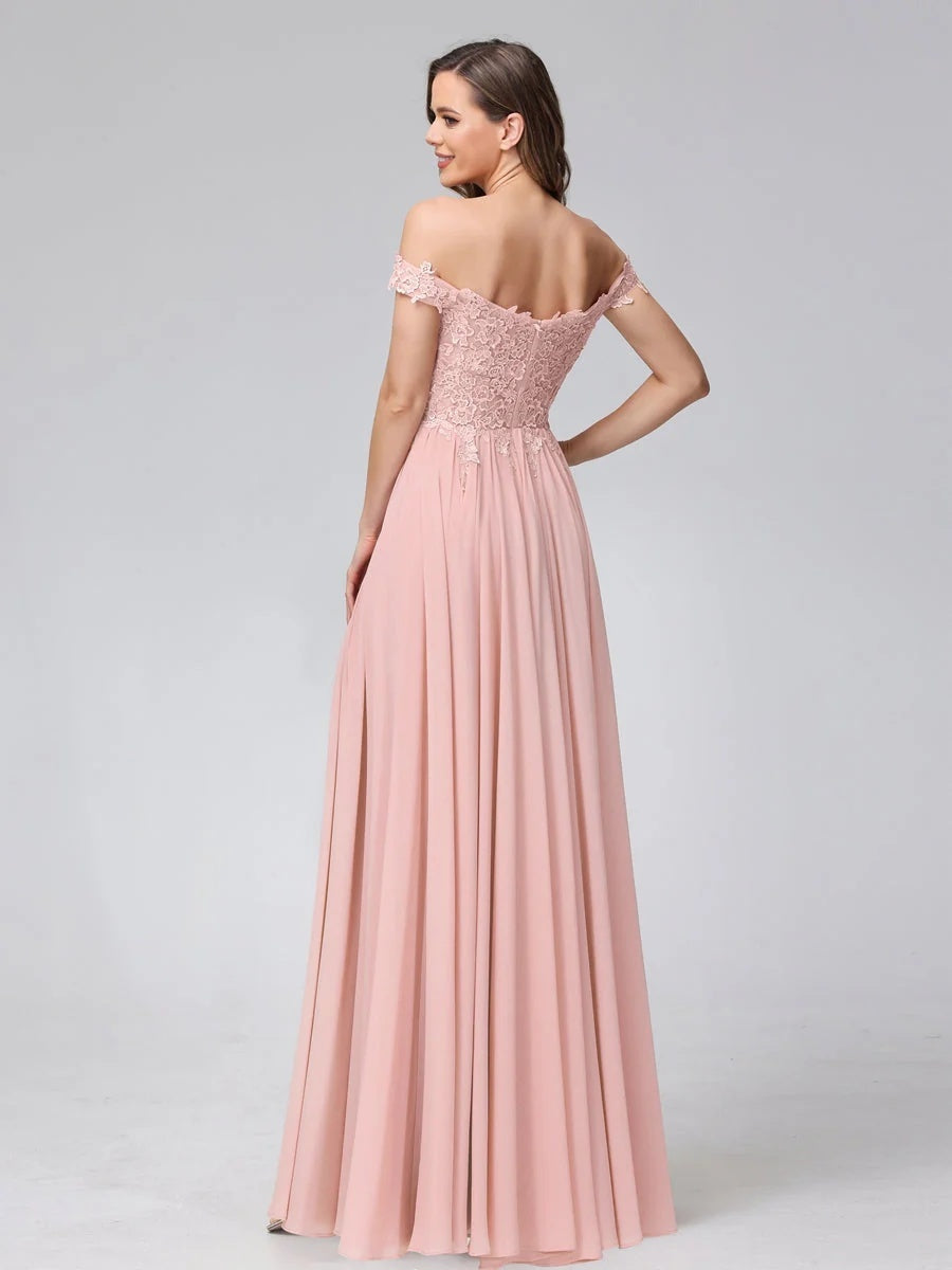 Princess A-Line Off-the-Shoulder Long Bridesmaid Dresses with Side Slit and Appliqued Sleeveless Design-BMbridal.UK