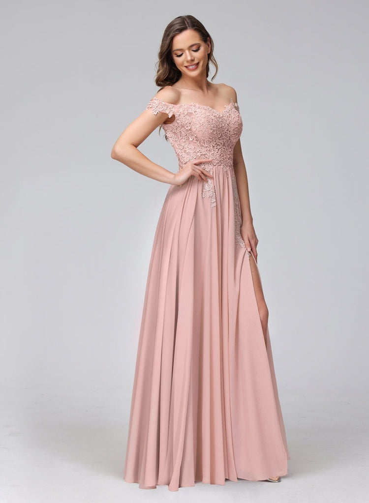 Princess A-Line Off-the-Shoulder Long Bridesmaid Dresses with Side Slit and Appliqued Sleeveless Design-BMbridal.UK