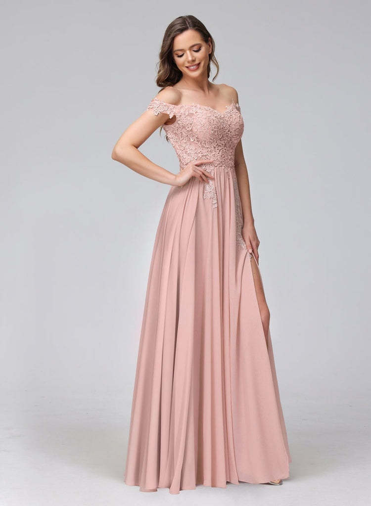 Princess A-Line Off-the-Shoulder Long Bridesmaid Dresses with Side Slit and Appliqued Sleeveless Design-BMbridal.UK