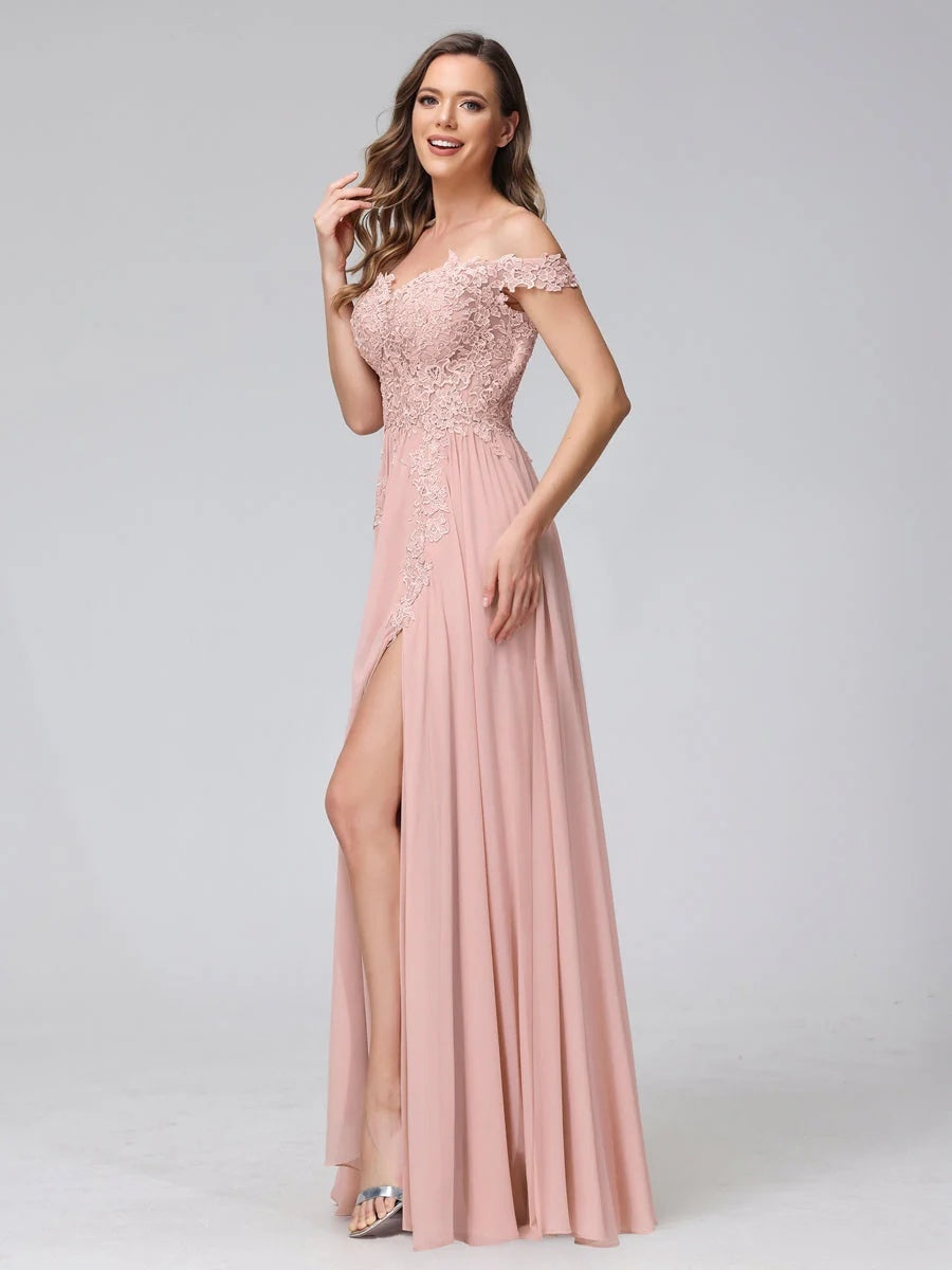 Princess A-Line Off-the-Shoulder Long Bridesmaid Dresses with Side Slit and Appliqued Sleeveless Design-BMbridal.UK