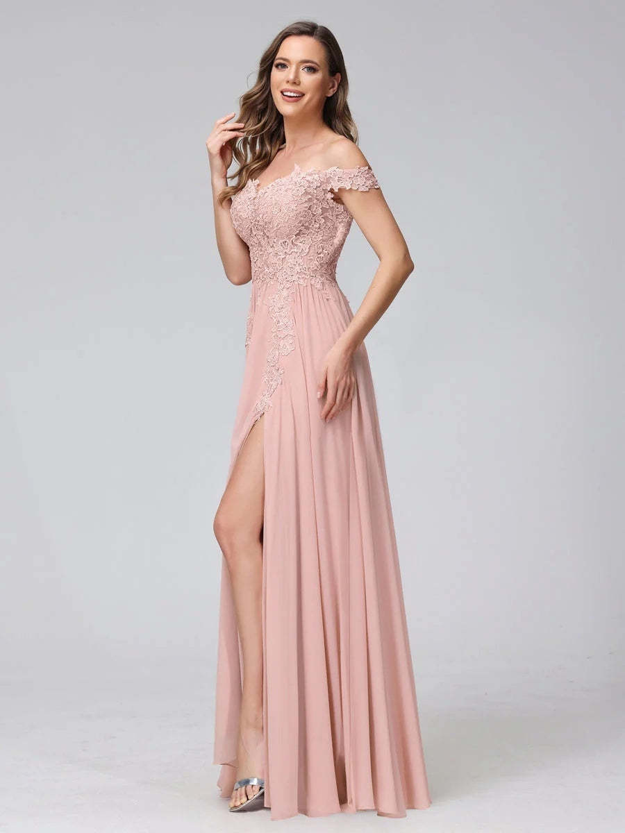 Princess A-Line Off-the-Shoulder Long Bridesmaid Dresses with Side Slit and Appliqued Sleeveless Design-BMbridal.UK