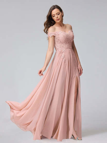 Princess A-Line Off-the-Shoulder Long Bridesmaid Dresses with Side Slit and Appliqued Sleeveless Design-BMbridal.UK
