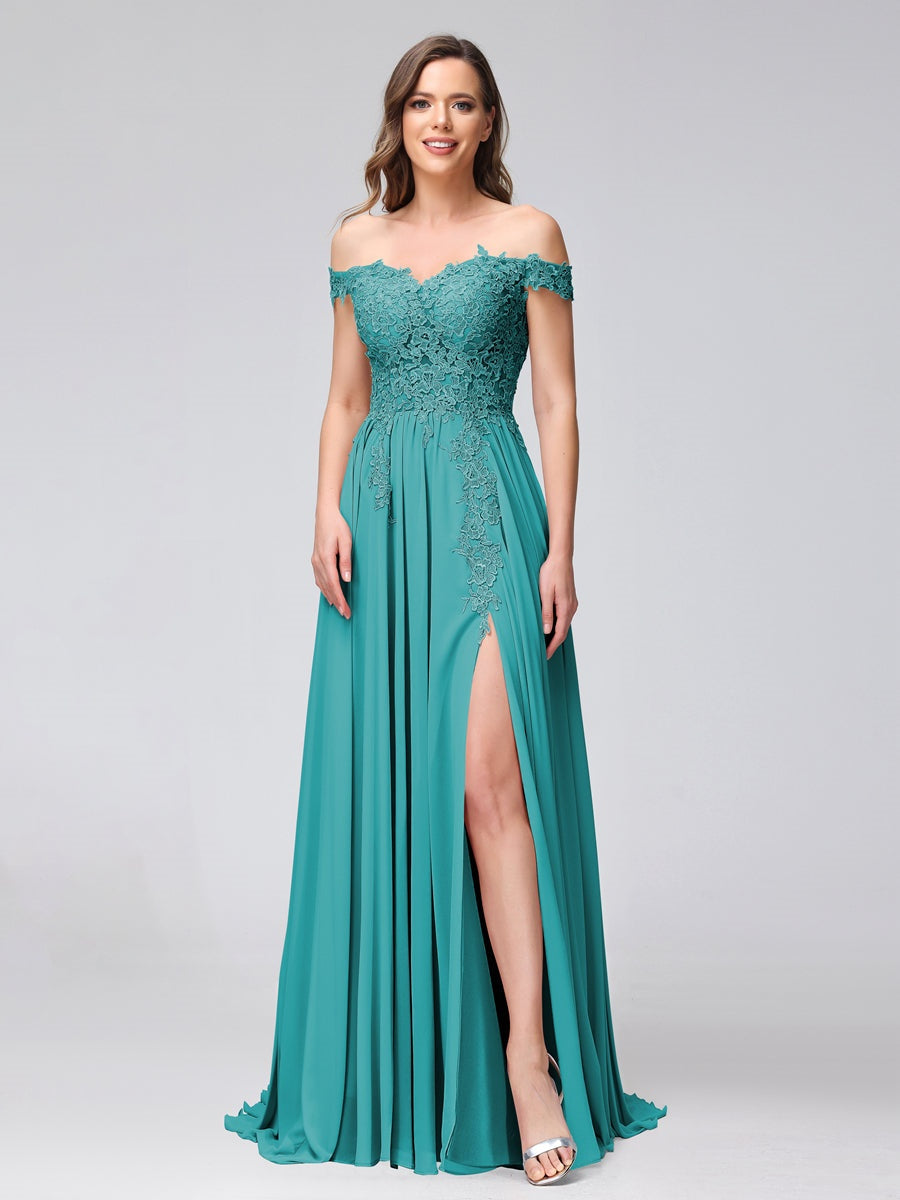 Princess A-Line Off-the-Shoulder Long Bridesmaid Dresses with Side Slit and Appliqued Sleeveless Design-BMbridal.UK