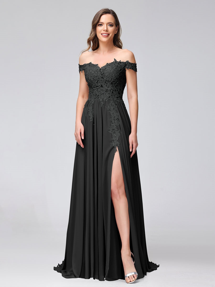 Princess A-Line Off-the-Shoulder Long Bridesmaid Dresses with Side Slit and Appliqued Sleeveless Design-BMbridal.UK