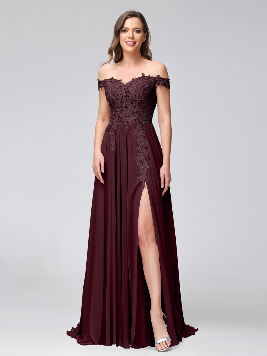 Princess A-Line Off-the-Shoulder Long Bridesmaid Dresses with Side Slit and Appliqued Sleeveless Design-BMbridal.UK