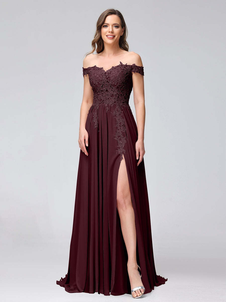 Princess A-Line Off-the-Shoulder Long Bridesmaid Dresses with Side Slit and Appliqued Sleeveless Design-BMbridal.UK