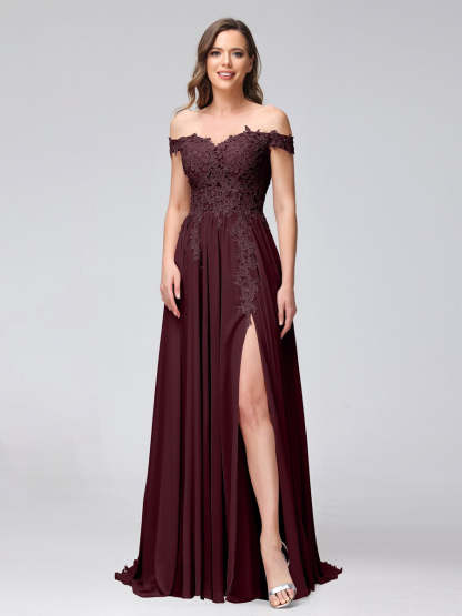Princess A-Line Off-the-Shoulder Long Bridesmaid Dresses with Side Slit and Appliqued Sleeveless Design-BMbridal.UK