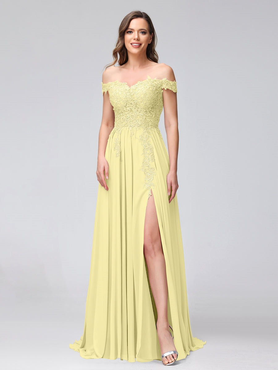 Princess A-Line Off-the-Shoulder Long Bridesmaid Dresses with Side Slit and Appliqued Sleeveless Design-BMbridal.UK