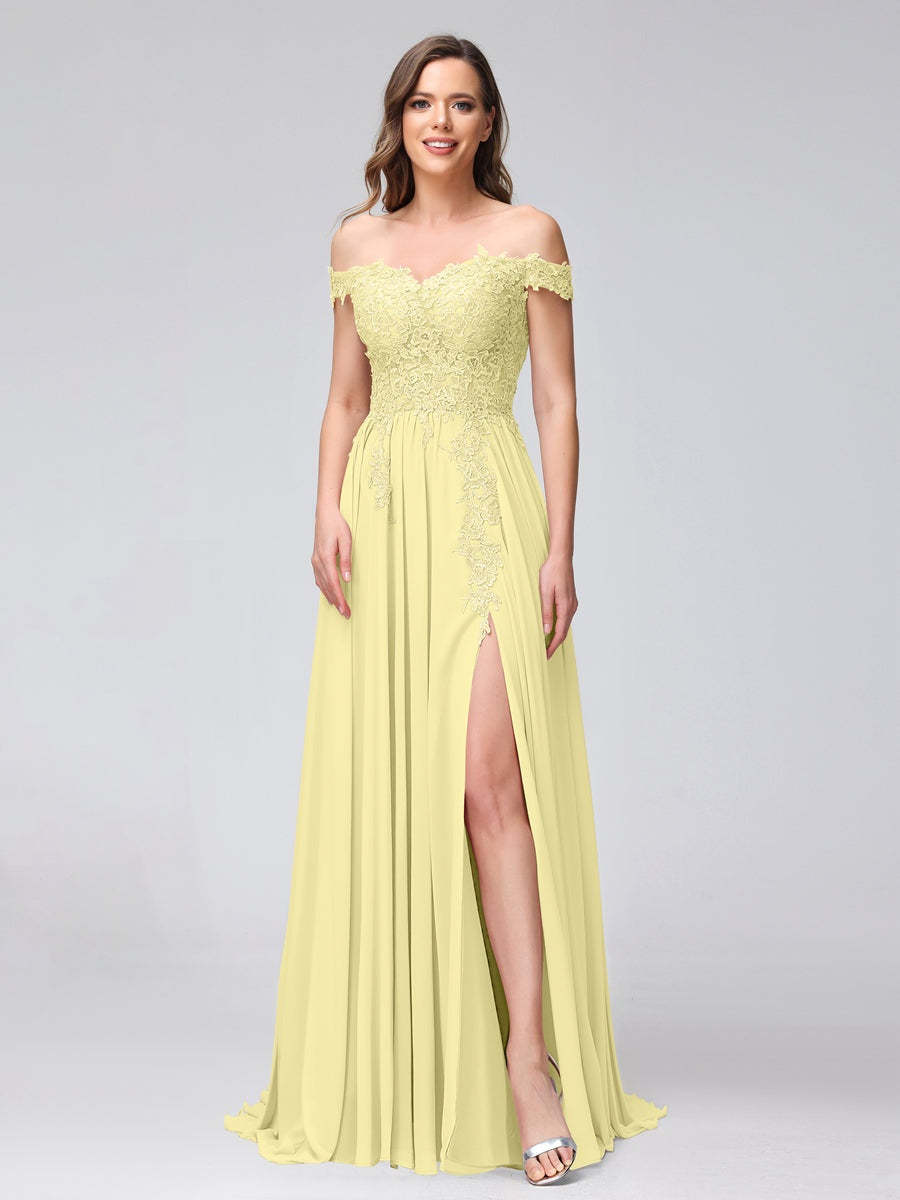 Princess A-Line Off-the-Shoulder Long Bridesmaid Dresses with Side Slit and Appliqued Sleeveless Design-BMbridal.UK
