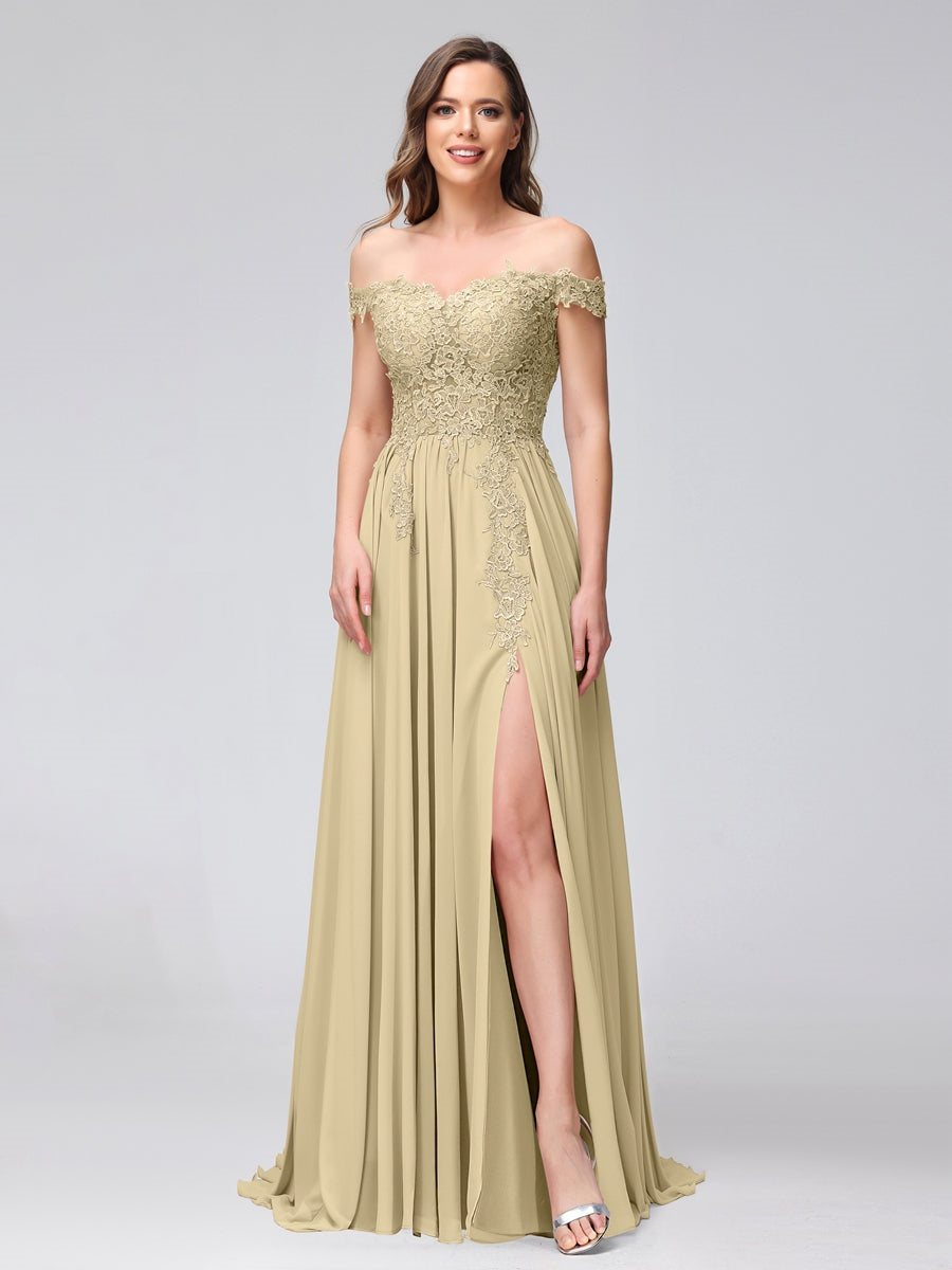 Princess A-Line Off-the-Shoulder Long Bridesmaid Dresses with Side Slit and Appliqued Sleeveless Design-BMbridal.UK