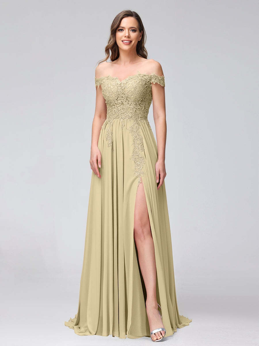 Princess A-Line Off-the-Shoulder Long Bridesmaid Dresses with Side Slit and Appliqued Sleeveless Design-BMbridal.UK