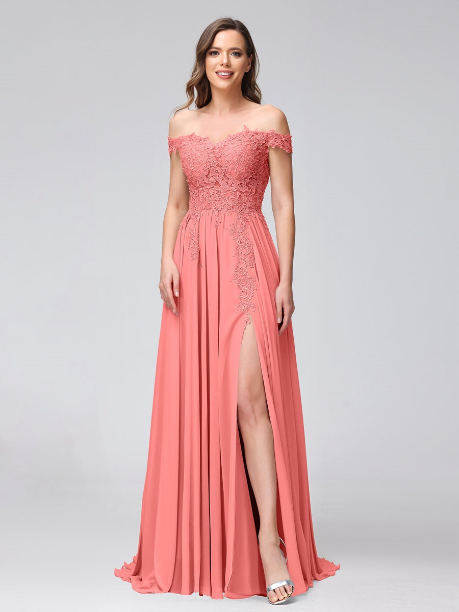 Princess A-Line Off-the-Shoulder Long Bridesmaid Dresses with Side Slit and Appliqued Sleeveless Design-BMbridal.UK