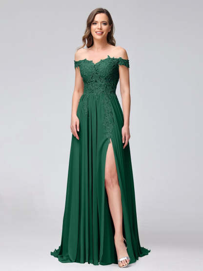 Princess A-Line Off-the-Shoulder Long Bridesmaid Dresses with Side Slit and Appliqued Sleeveless Design-BMbridal.UK