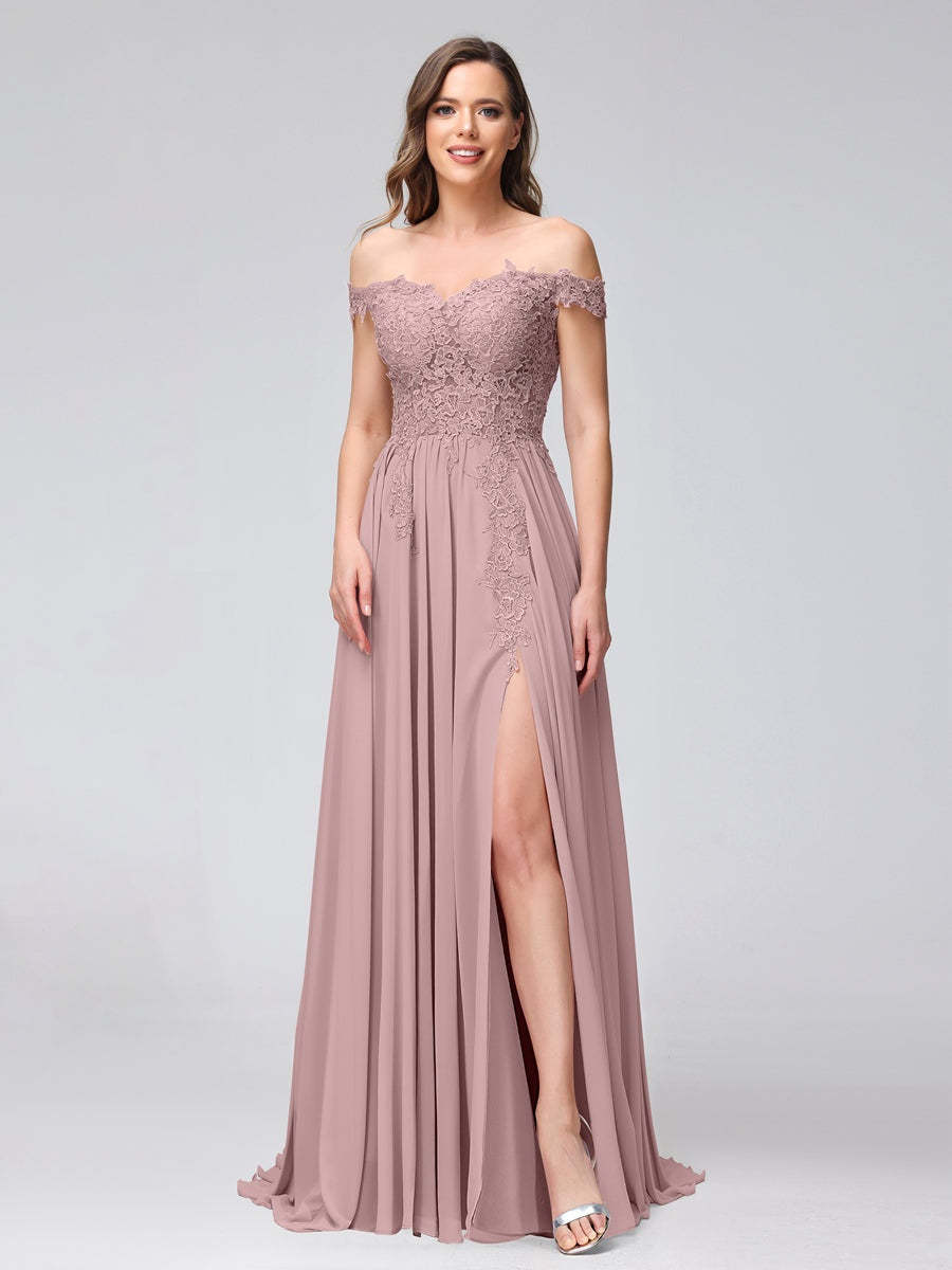 Princess A-Line Off-the-Shoulder Long Bridesmaid Dresses with Side Slit and Appliqued Sleeveless Design-BMbridal.UK
