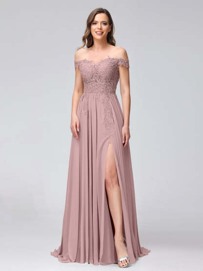 Princess A-Line Off-the-Shoulder Long Bridesmaid Dresses with Side Slit and Appliqued Sleeveless Design-BMbridal.UK