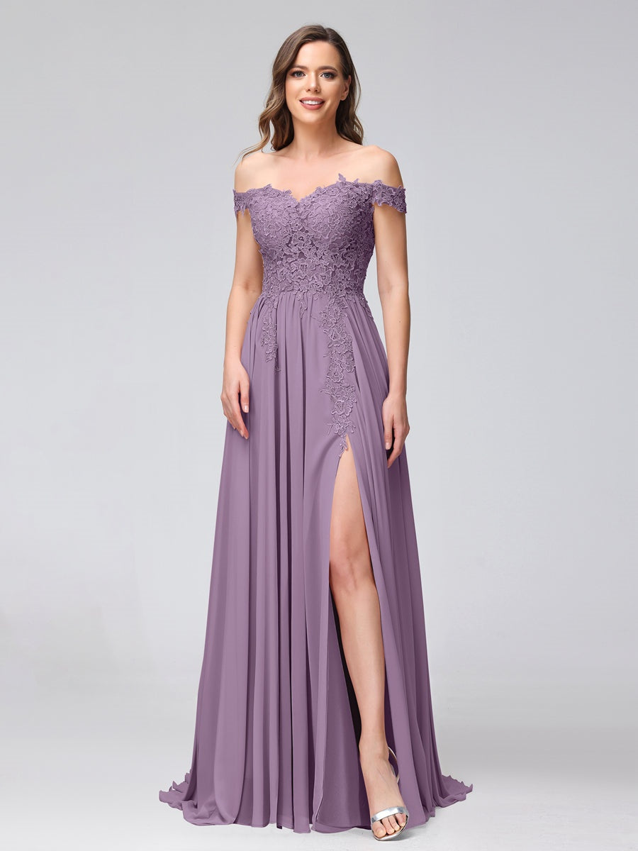 Princess A-Line Off-the-Shoulder Long Bridesmaid Dresses with Side Slit and Appliqued Sleeveless Design-BMbridal.UK