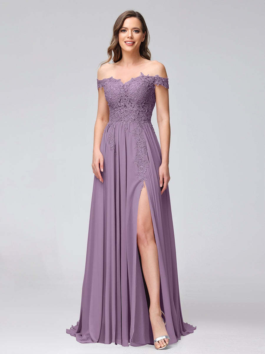 Princess A-Line Off-the-Shoulder Long Bridesmaid Dresses with Side Slit and Appliqued Sleeveless Design-BMbridal.UK