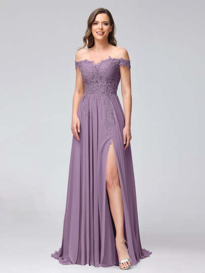 Princess A-Line Off-the-Shoulder Long Bridesmaid Dresses with Side Slit and Appliqued Sleeveless Design-BMbridal.UK
