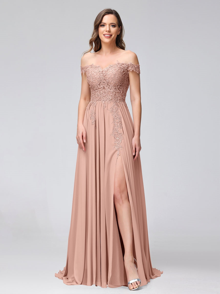 Princess A-Line Off-the-Shoulder Long Bridesmaid Dresses with Side Slit and Appliqued Sleeveless Design-BMbridal.UK
