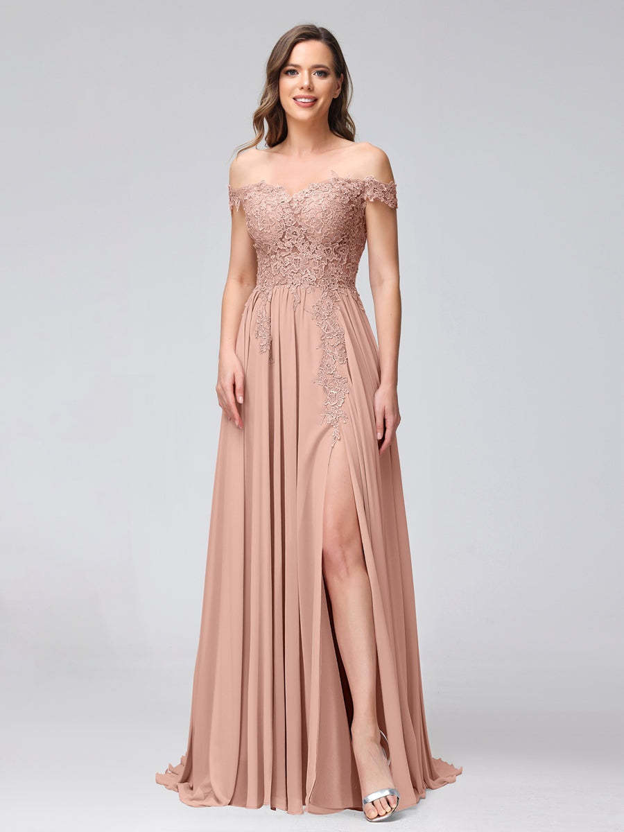 Princess A-Line Off-the-Shoulder Long Bridesmaid Dresses with Side Slit and Appliqued Sleeveless Design-BMbridal.UK