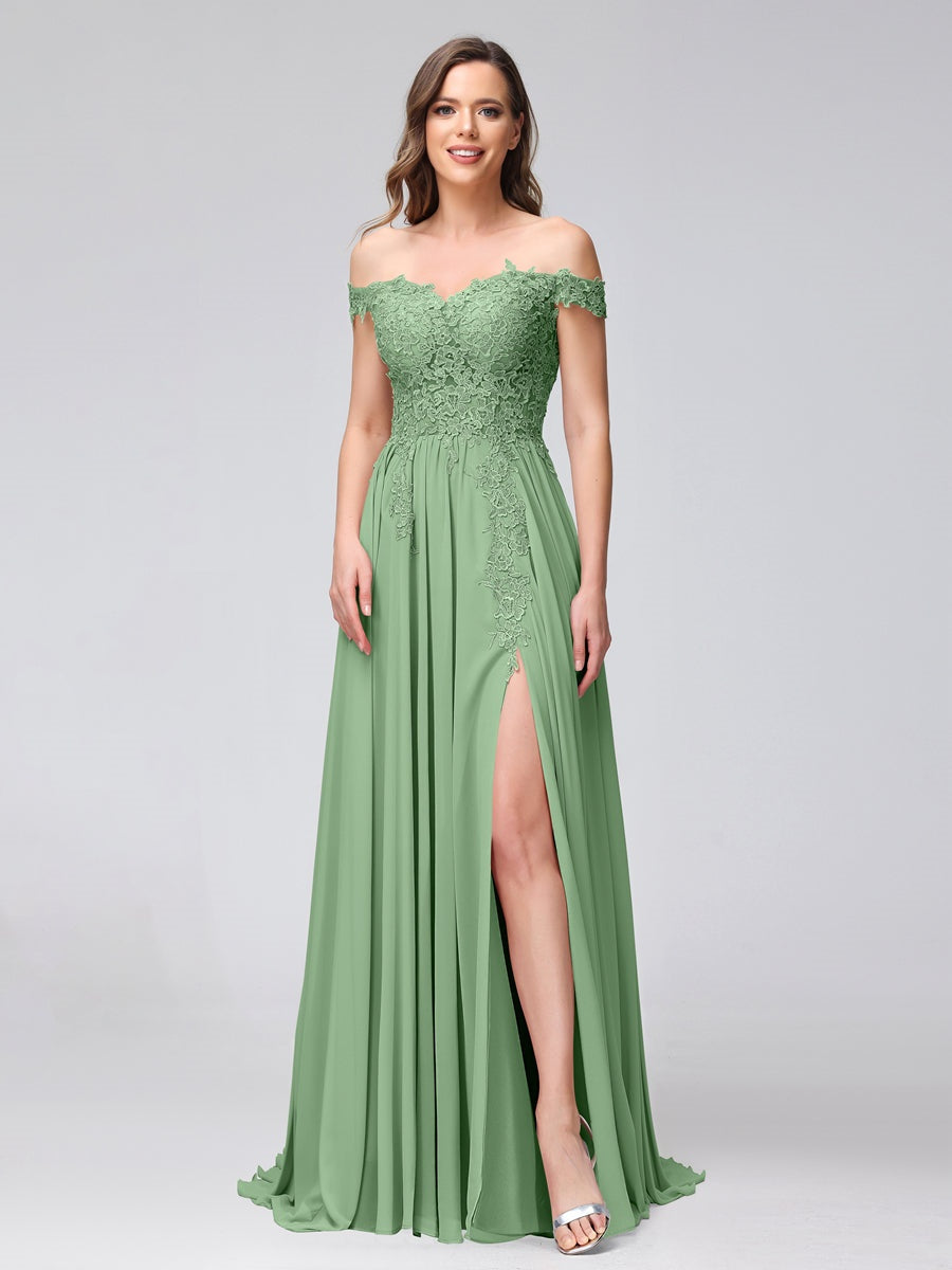 Princess A-Line Off-the-Shoulder Long Bridesmaid Dresses with Side Slit and Appliqued Sleeveless Design-BMbridal.UK
