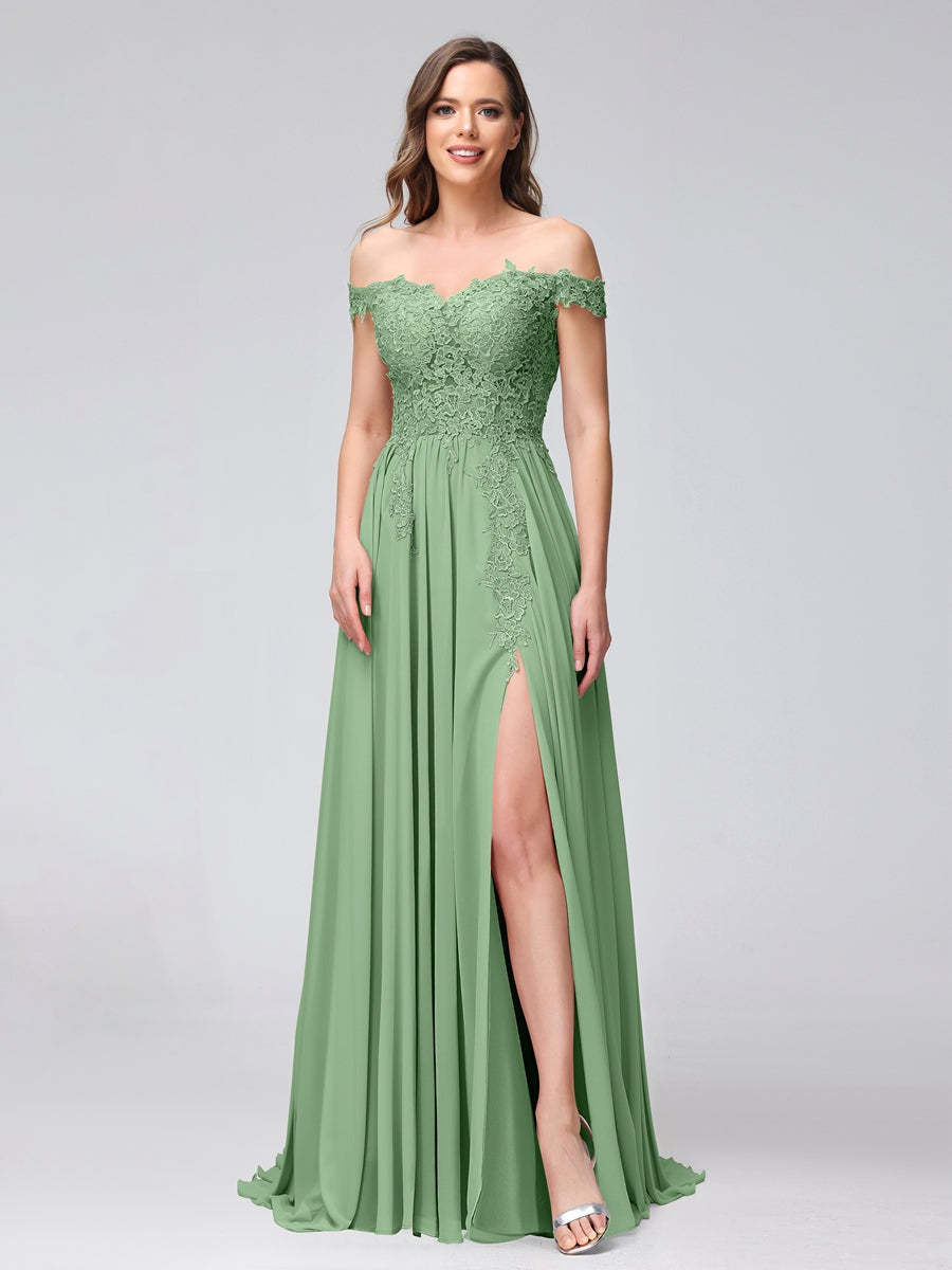 Princess A-Line Off-the-Shoulder Long Bridesmaid Dresses with Side Slit and Appliqued Sleeveless Design-BMbridal.UK
