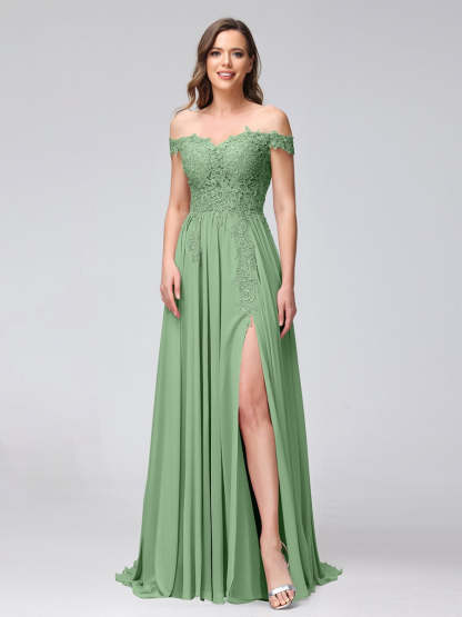 Princess A-Line Off-the-Shoulder Long Bridesmaid Dresses with Side Slit and Appliqued Sleeveless Design-BMbridal.UK