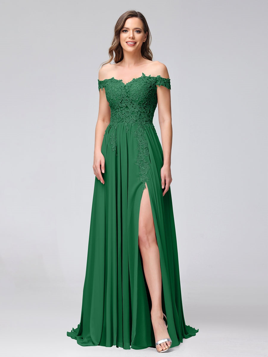 Princess A-Line Off-the-Shoulder Long Bridesmaid Dresses with Side Slit and Appliqued Sleeveless Design-BMbridal.UK