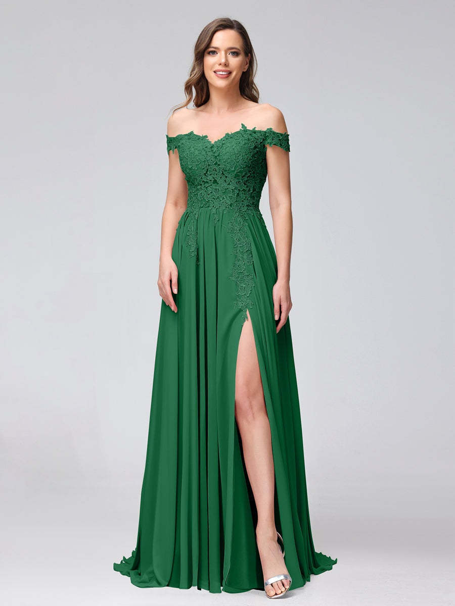 Princess A-Line Off-the-Shoulder Long Bridesmaid Dresses with Side Slit and Appliqued Sleeveless Design-BMbridal.UK