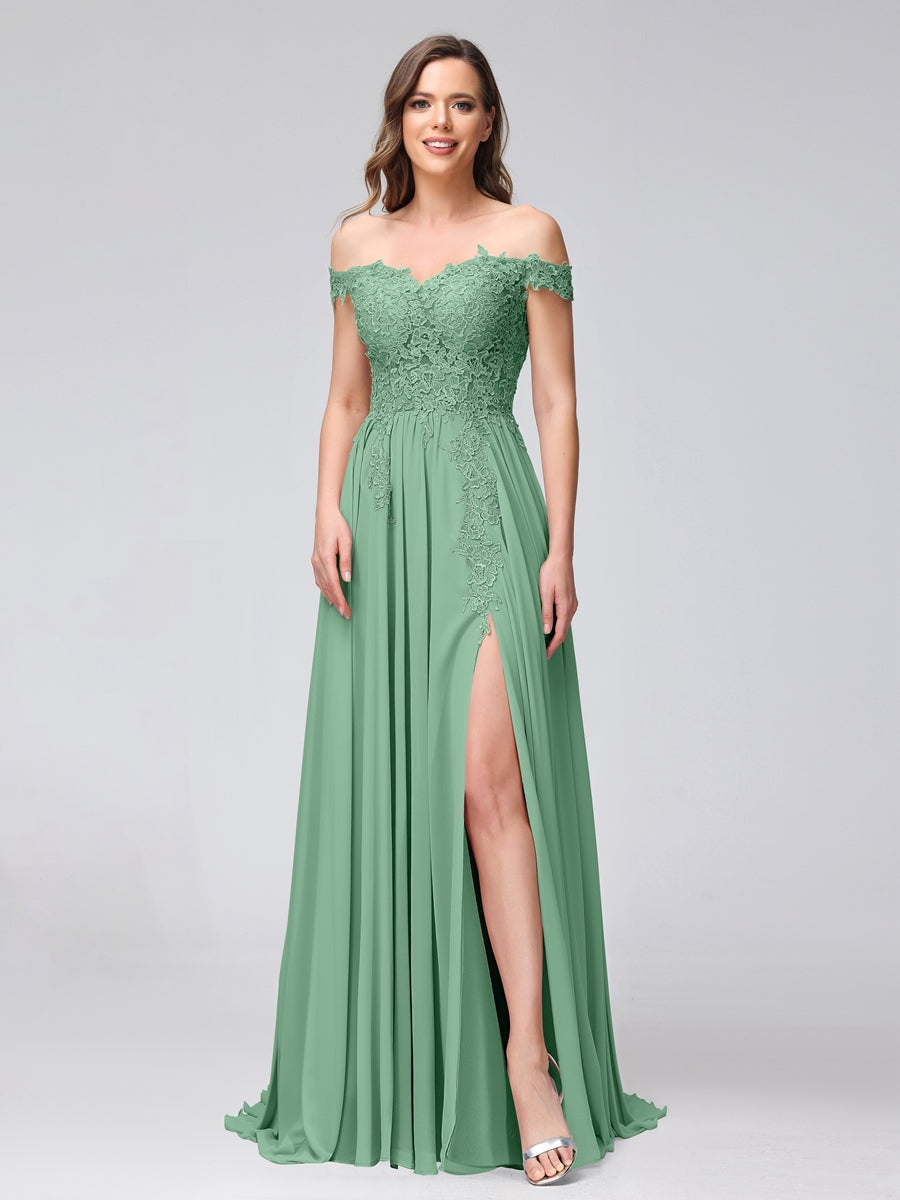 Princess A-Line Off-the-Shoulder Long Bridesmaid Dresses with Side Slit and Appliqued Sleeveless Design-BMbridal.UK