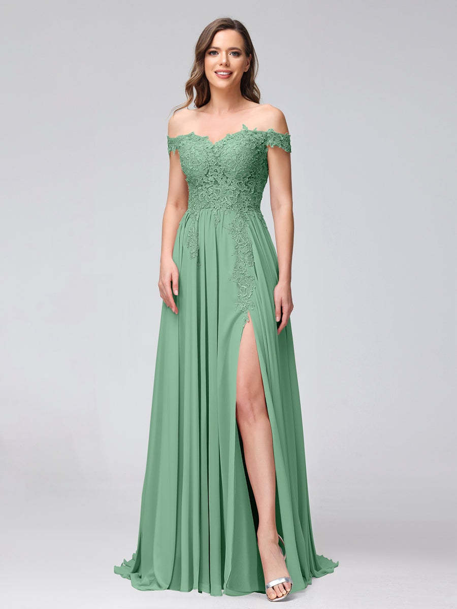 Princess A-Line Off-the-Shoulder Long Bridesmaid Dresses with Side Slit and Appliqued Sleeveless Design-BMbridal.UK